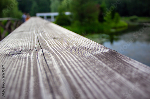 Old wooden board close-up. In the background a blurred lake and park.