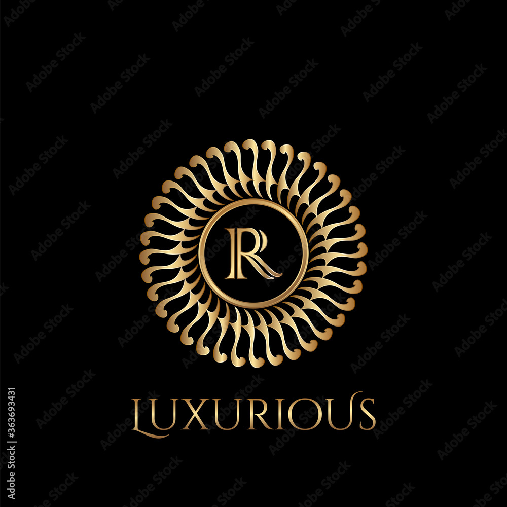 Circle luxury logo with letter R and symmetric swirl shape vector design logo Circle luxury logo with letter R and symmetric swirl shape vector design logo