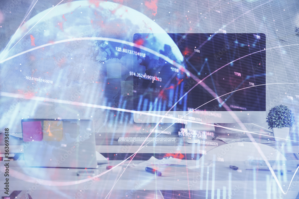 Multi exposure of financial graph drawing and office interior background. Concept of market analysis. Multi exposure of financial graph drawing and office interior background. Concept of market analysis.