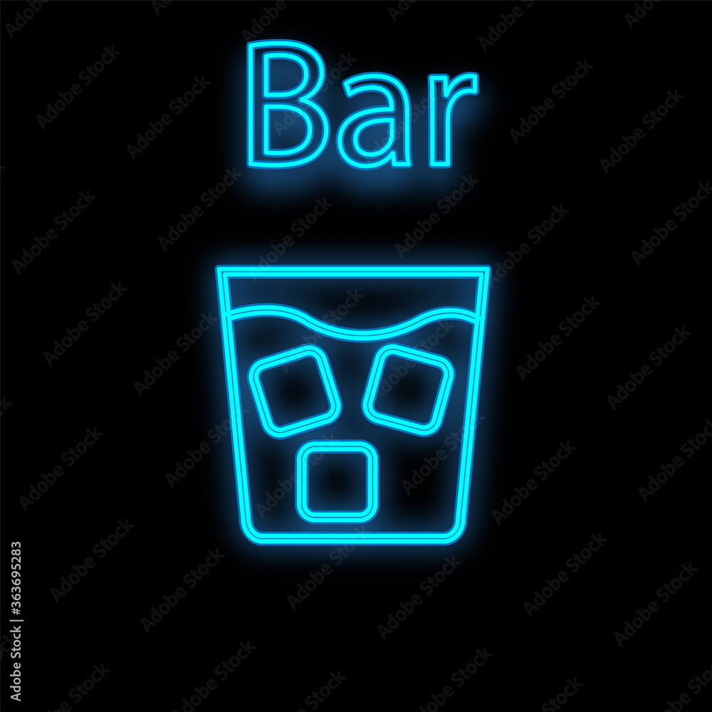 Bright luminous blue neon sign for cafe restaurant bar pub beautiful shiny with a glass of whiskey with ice on a black background. Vector illustration Bright luminous blue neon sign for cafe restaurant bar pub beautiful shiny with a glass of whiskey with ice on a black background. Vector illustration
