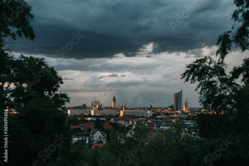 Panoramic view of the city of Leipzig, Germany during sunset