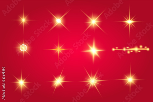 Lights sparkles isolated. Vector illustration of yellow glowing lens flares and sparks, red background.