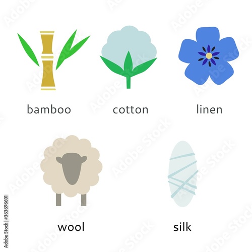 Set of natural fibers icons in a flat style. Cotton, flax, bamboo, silk and wool. Vector illustration.