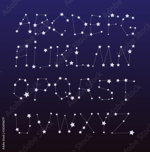 Set of alphabet letters like starry constellations. Vector illustration.