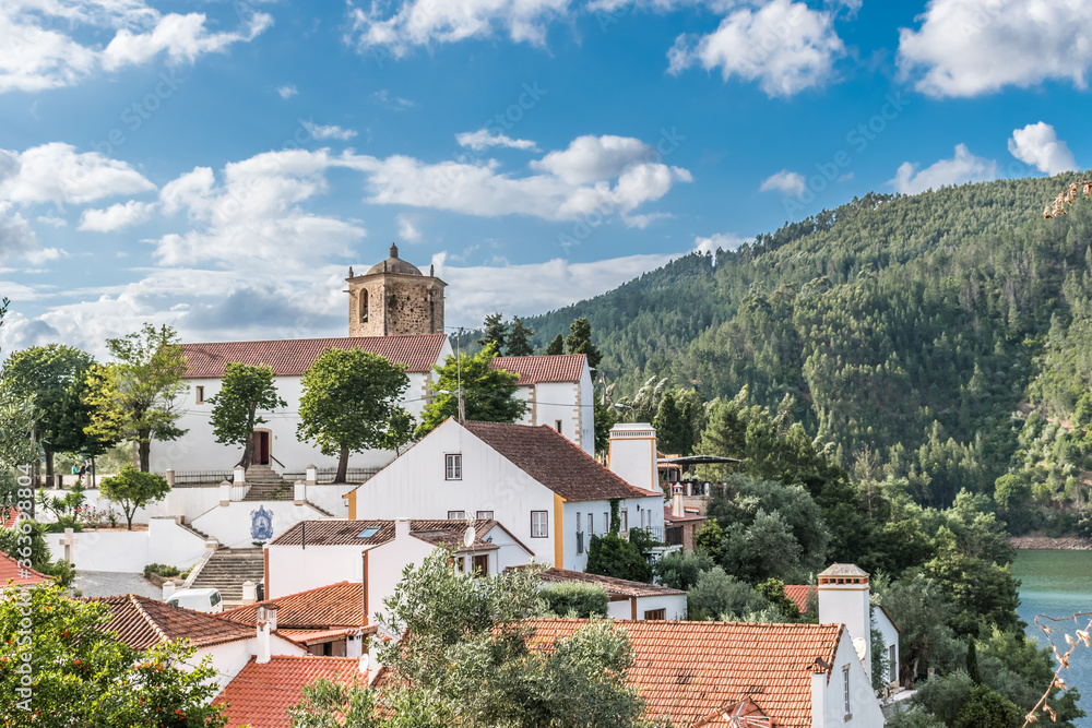Beautiful view of the village of Dornes with its houses and old pentagonal Templar tower of the castle, Ferreira do Zêzere PORTUGAL