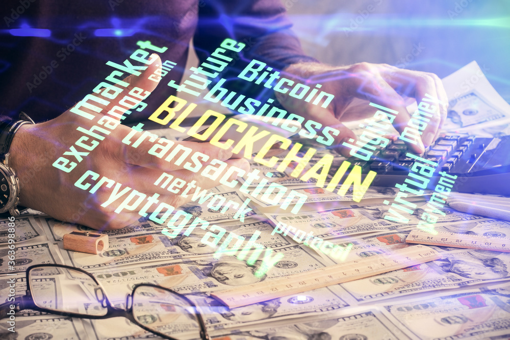 Double exposure of man's hands holding and using a phone and crypto currency blockchain theme drawing. Double exposure of man's hands holding and using a phone and crypto currency blockchain theme drawing.