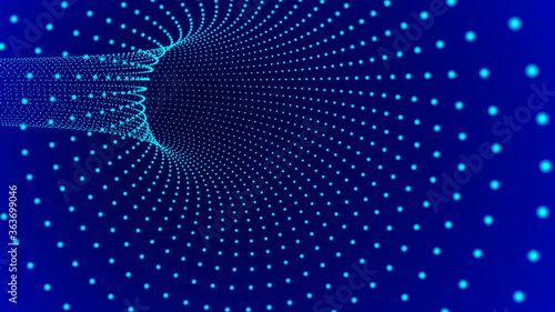 Vector blue tunnel with dots. 3d wormhole dark illustration.
