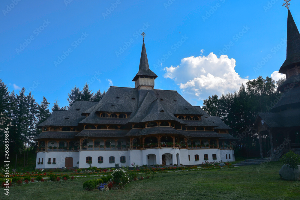 Sapanta Peri Monastery, Maramures, Romania, Europe, Summer 2018. Building near the traditional wooden church with the tallest bell tower in the world with a maximum height of 78 meters.