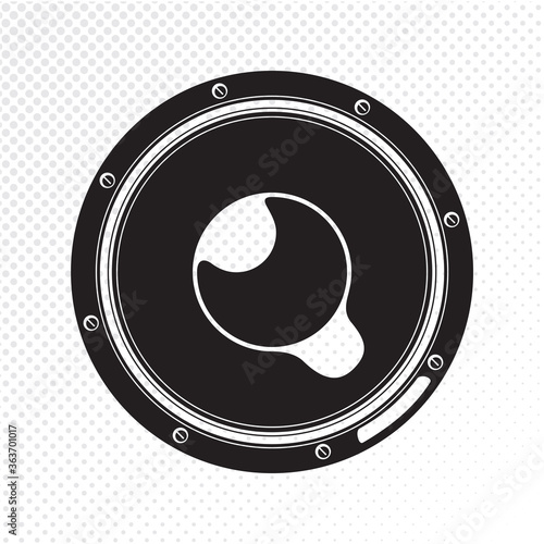 Acoustic Speaker Subwoofer Retro Sounsystem Style Icon - Black Stylized Loudspeaker Sign on Halftone Background - Contrast Graphic Design