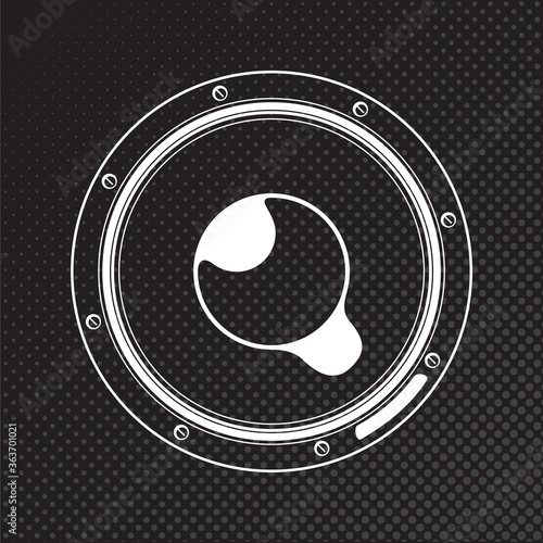 Acoustic Speaker Subwoofer Retro Sounsystem Style Inverted Icon - Black Stylized Loudspeaker Sign on Halftone Background - Contrast Graphic Design