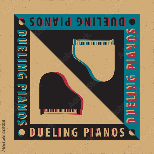 Dueling Pianos Avant Garde Poster Creative Concept with Two Grand Pianos Yin Yang Style Composition and Logo Lettering - Black and White on Reverse Background - Graphic Silhouette Design