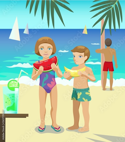 Photography Two children on the beach eating fruits