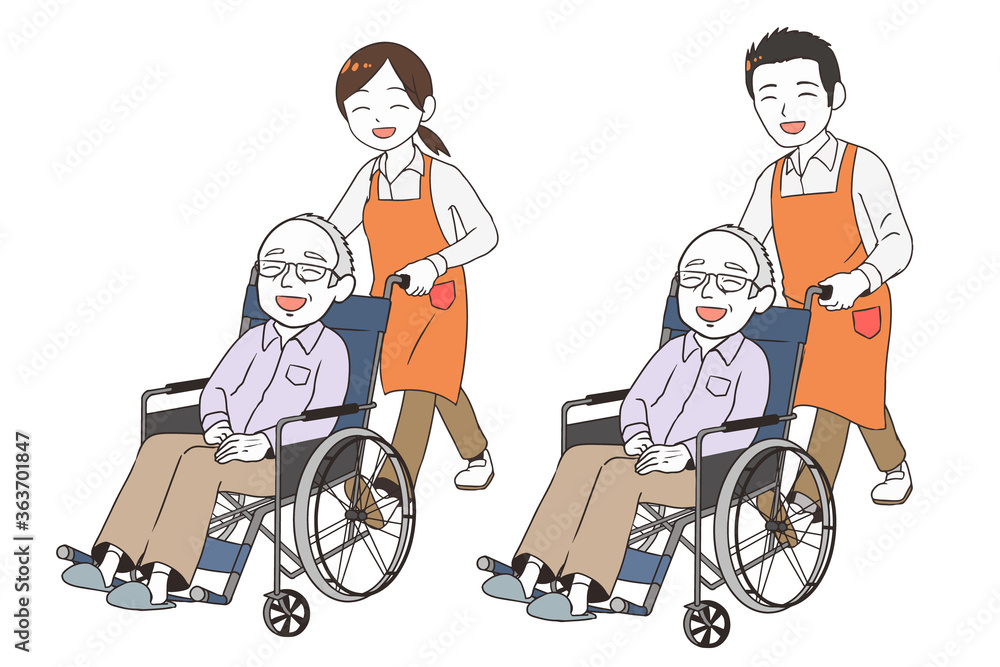 笑顔の高齢男性と介護するヘルパー