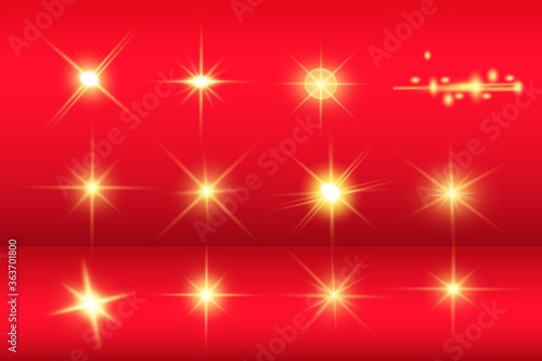 Lights sparkles isolated. Vector illustration of yellow glowing lens flares and sparks, red background.