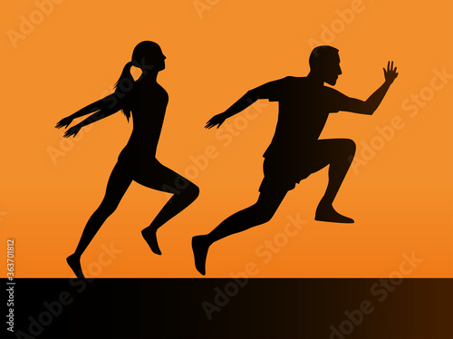 silhouettes of athletics couple running