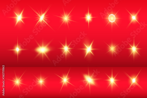 Lights sparkles isolated. Vector illustration of yellow glowing lens flares and sparks, red background. © Volodymyr