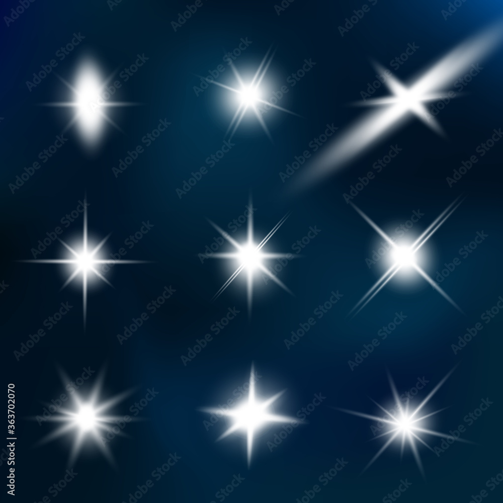 Lights sparkles isolated. Vector illustration of white glowing lens flares and sparks, blue background.