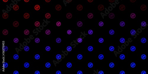 Dark Blue, Red vector background with covid-19 symbols.