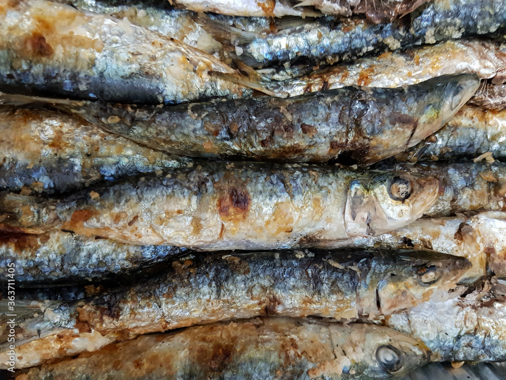 Top view of grilled sardines Top view of grilled sardines