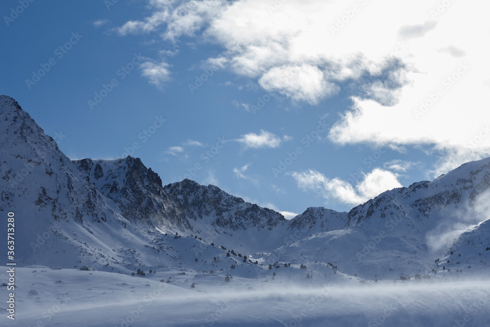 Snow Mountains travel to Andorra Europe, flakes snow natural.