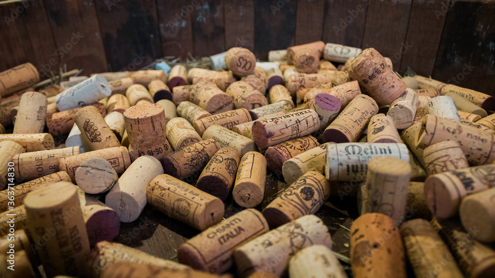 Set of wine corks on a barrel