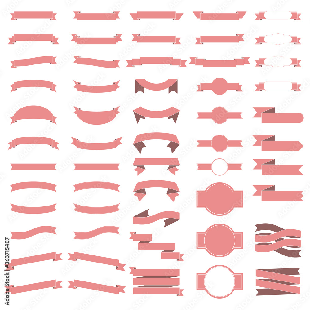 Vector set of 55 ribbons, red colored flat ribbon. White background.