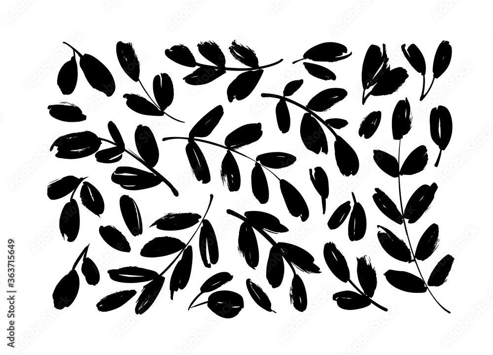 Naklejka premium Brush branches with leaves vector collection. Set of black silhouettes leaves and branches. Hand drawn eucalyptus foliage, herbs, tree twig. Vector ink elements isolated on white background.
