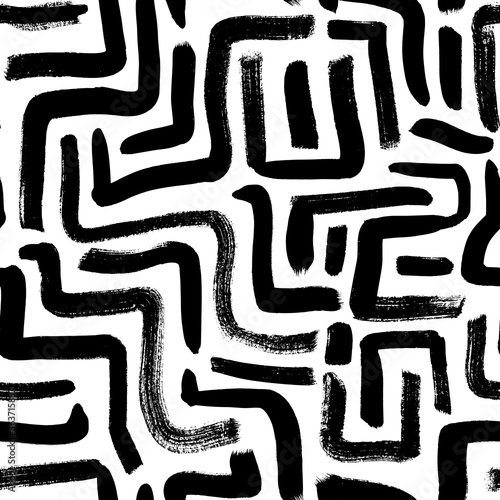 Geometric vector seamless pattern. Labyrinth and maze grunge brush stroke pattern. Square and rectangle scribble lines. Mosaic hand drawn ink illustration. Black paint geometric background.