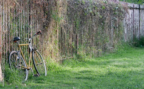 bici sobre la reja de un de un paruqe abandonado photo