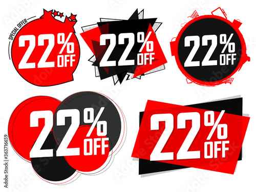 Set Sale 22% off banners, discount tags design template, lowest price, vector illustration