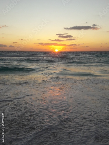 Sunrise over the beach and ocean in Cancun Mexico 2019