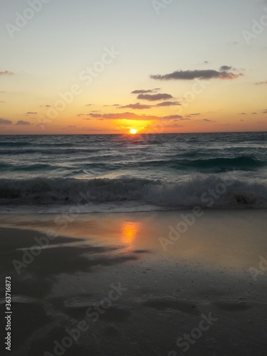 Sunrise over the beach and ocean in Cancun Mexico 2019