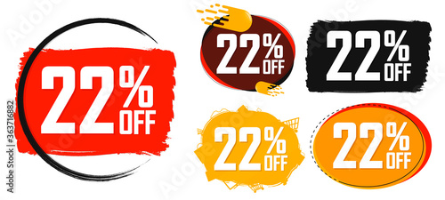 Set Sale 22% off banners, discount tags design template, lowest price, vector illustration