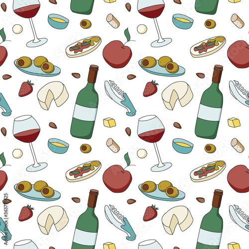 Doodle cartoon hipster style colored vector seamless pattern. Wine glass  bottle and appetizers. For wine bar restaurant menu or ads  card  farmers market food decor  website design or fabric