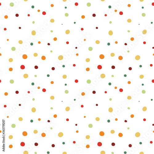 Old retro polka dot vector seamless pattern. Cute hand-drawn brown green yellow orange red circles on white background. For gift wrapping paper, fabric or wallpaper
