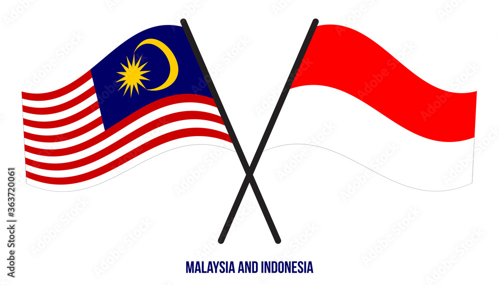 Malaysia and Indonesia Flags Crossed And Waving Flat Style. Official Proportion. Correct Colors.