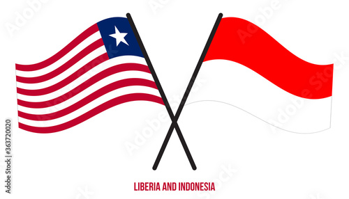 Liberia and Indonesia Flags Crossed And Waving Flat Style. Official Proportion. Correct Colors.