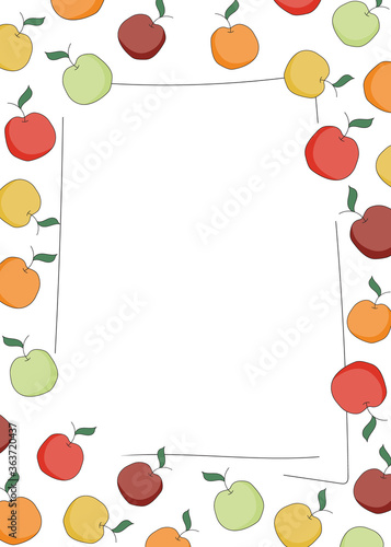 Doodle cartoon hipster style frame border ornament illustration. Red, orange, yellow green apples. Bar restaurant menu, card, farmers market food decor. A4 size with free blank copy space for text