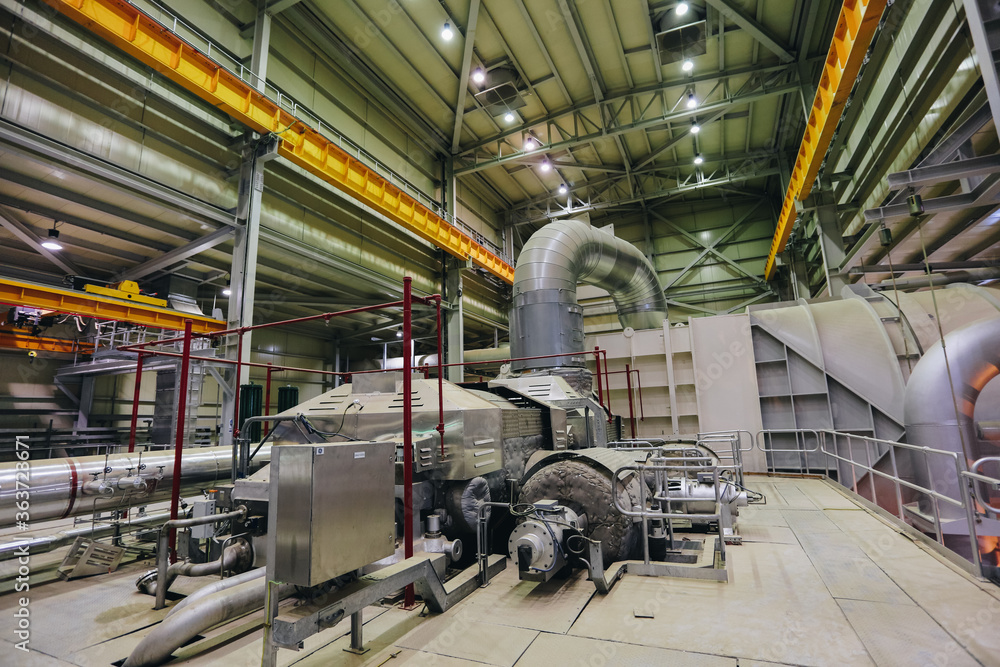 Fototapeta premium Heavy Industrial Power plant Equipments consisting of Turbines, Heat generators, Desalination, Gas turbines, Steam Turbines, Generators, Boiler,