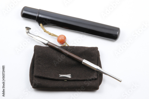 Japanese antique silver kiseru (traditional smoking pipe) + snuff pouch and pipe box