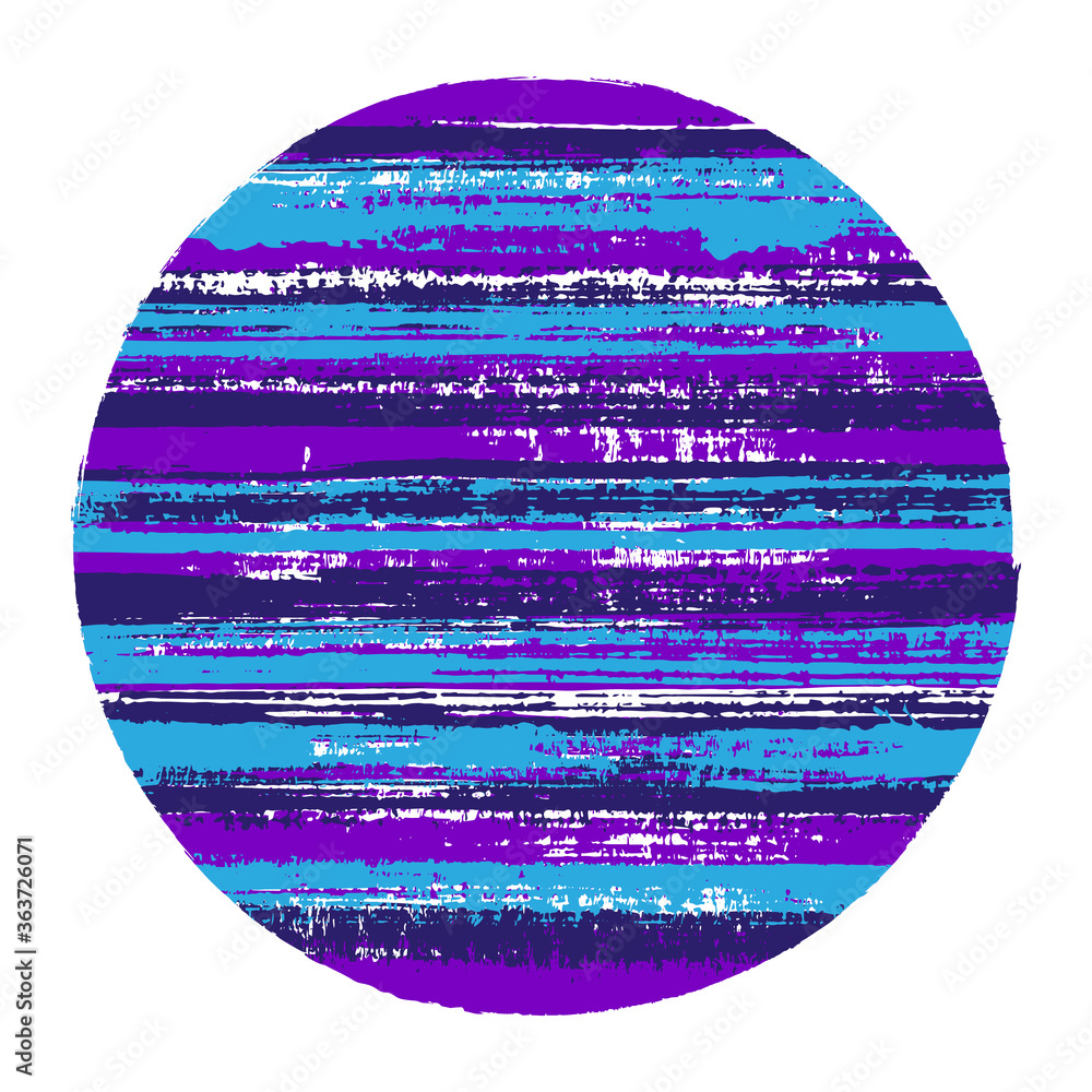 Hipster circle vector geometric shape with striped texture of paint horizontal lines. Planet concept with old paint texture. Stamp round shape logotype circle with grunge background of stripes.