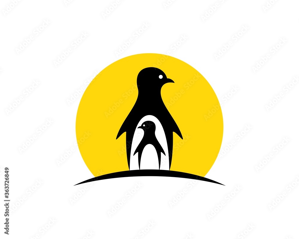 Obraz premium Simple penguin child and mother with sunrise behind