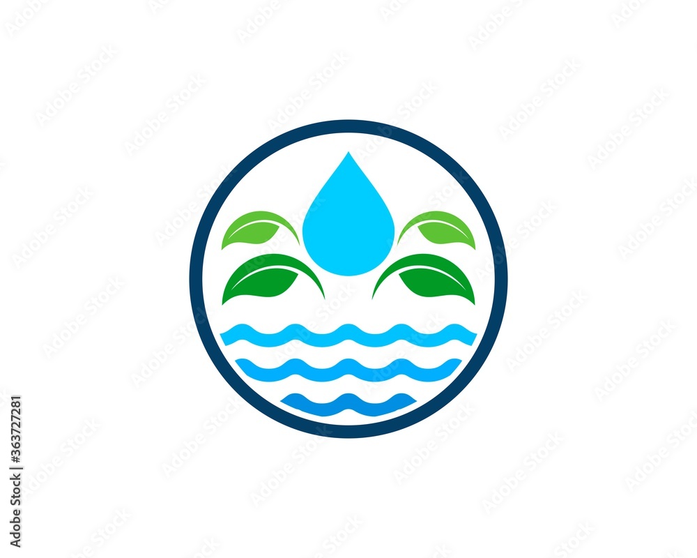Water drop and green leaves with blue waves inside the circle Water drop and green leaves with blue waves inside the circle
