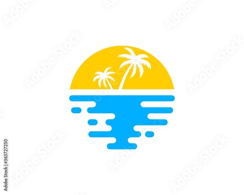 Circle sea and sunset with palm tree inside