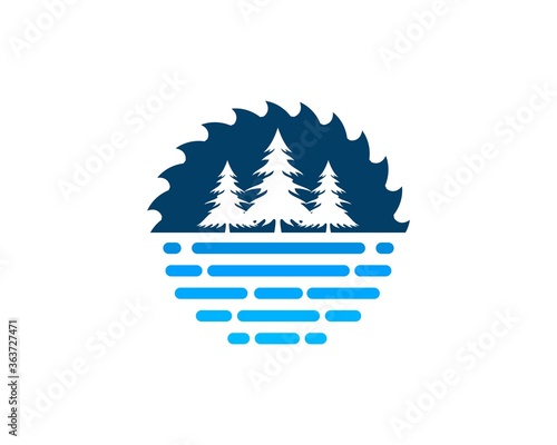 Wood saws with pine tree and water lake