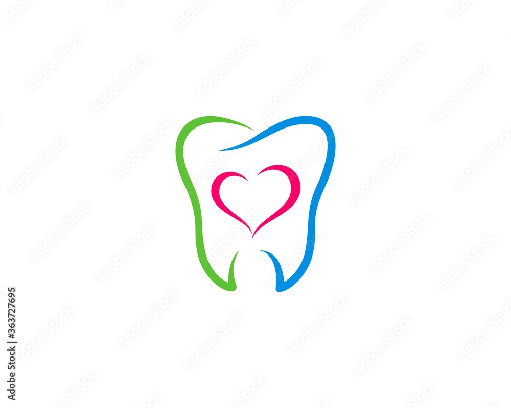 Green and blue outline tooth with love outline inside Green and blue outline tooth with love outline inside