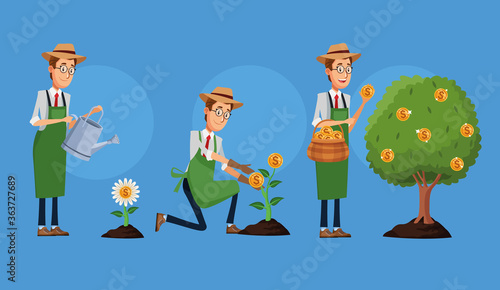 businessmen cultivating money plants characters