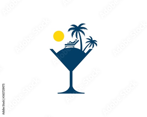 Wine glass with relax beach and palm tree