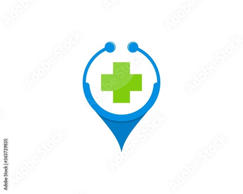 Stethoscope and pin location with medical symbol ins the middle