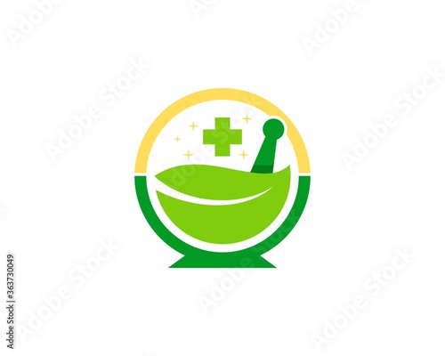 Circle shape with nature leaf mortar and pestle
